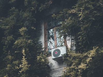 Photo of an airconditioner on the side of a bulding covered in greenery