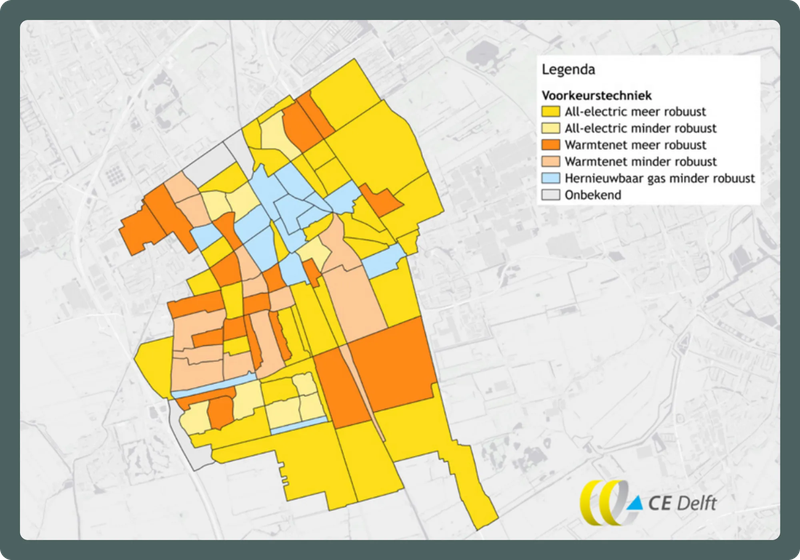 Example of a proposed set of heating solutions in Delft, a city in the Netherlands.