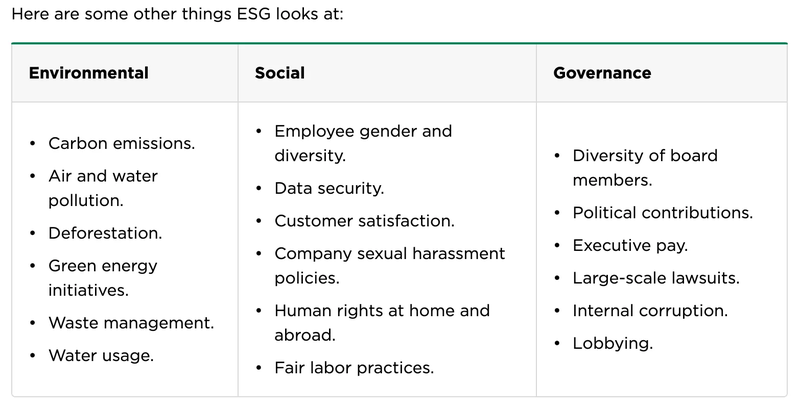 Table showing what ESG uses to evaluate: Environment, Social and Governance