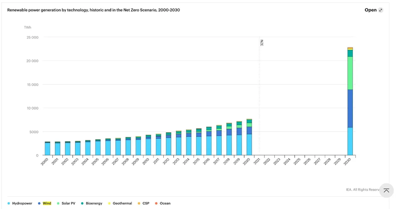 Renewable power generation by technology, historic and in the Net Zero Scenario, 2000-2030