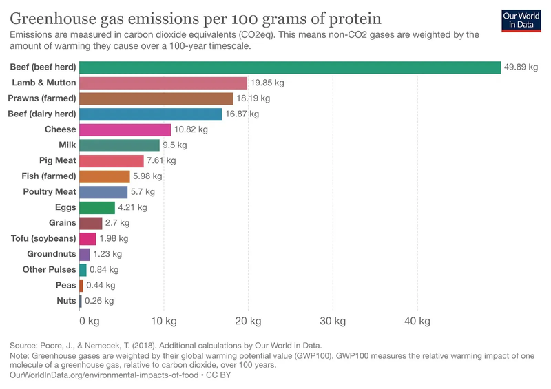Greenhouse gas emissions per 100 grams of protein