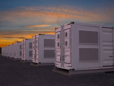 Battery storage containers at sunset, the kind of flexible capacity Voltus connects into its virtual power plant.